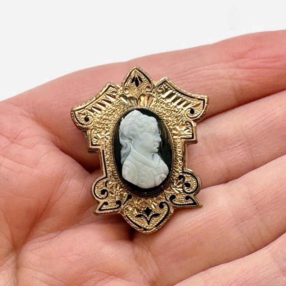 Cameo Brooch, Hardstone, Victorian, Taille d'Epargne, Antique, Gold, Black